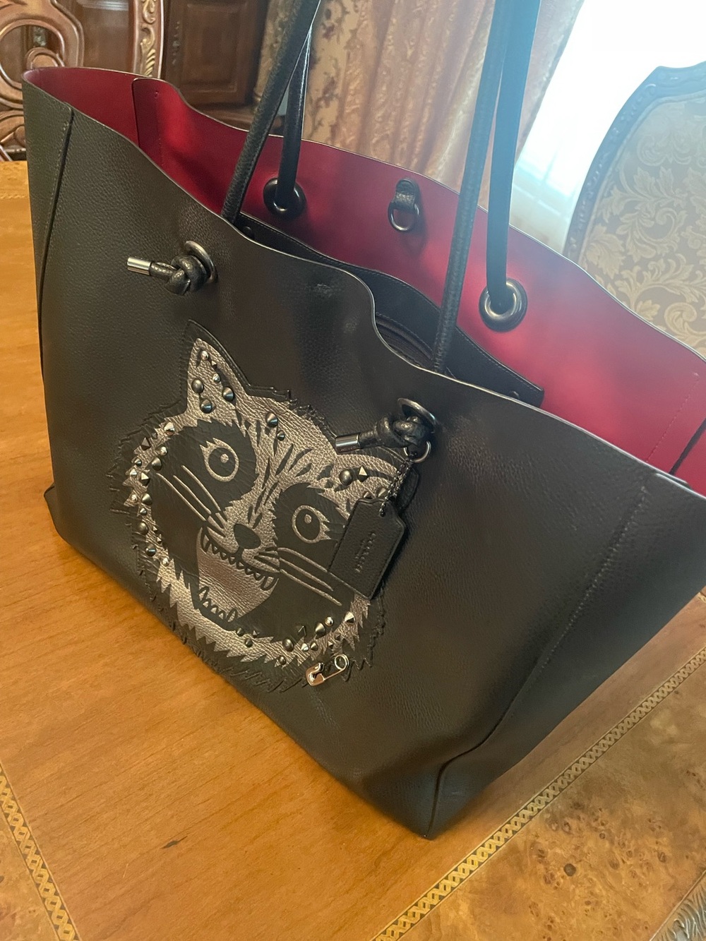 Coach #16513 Rear Black Leather Tote with Embossed Raccoon Motif